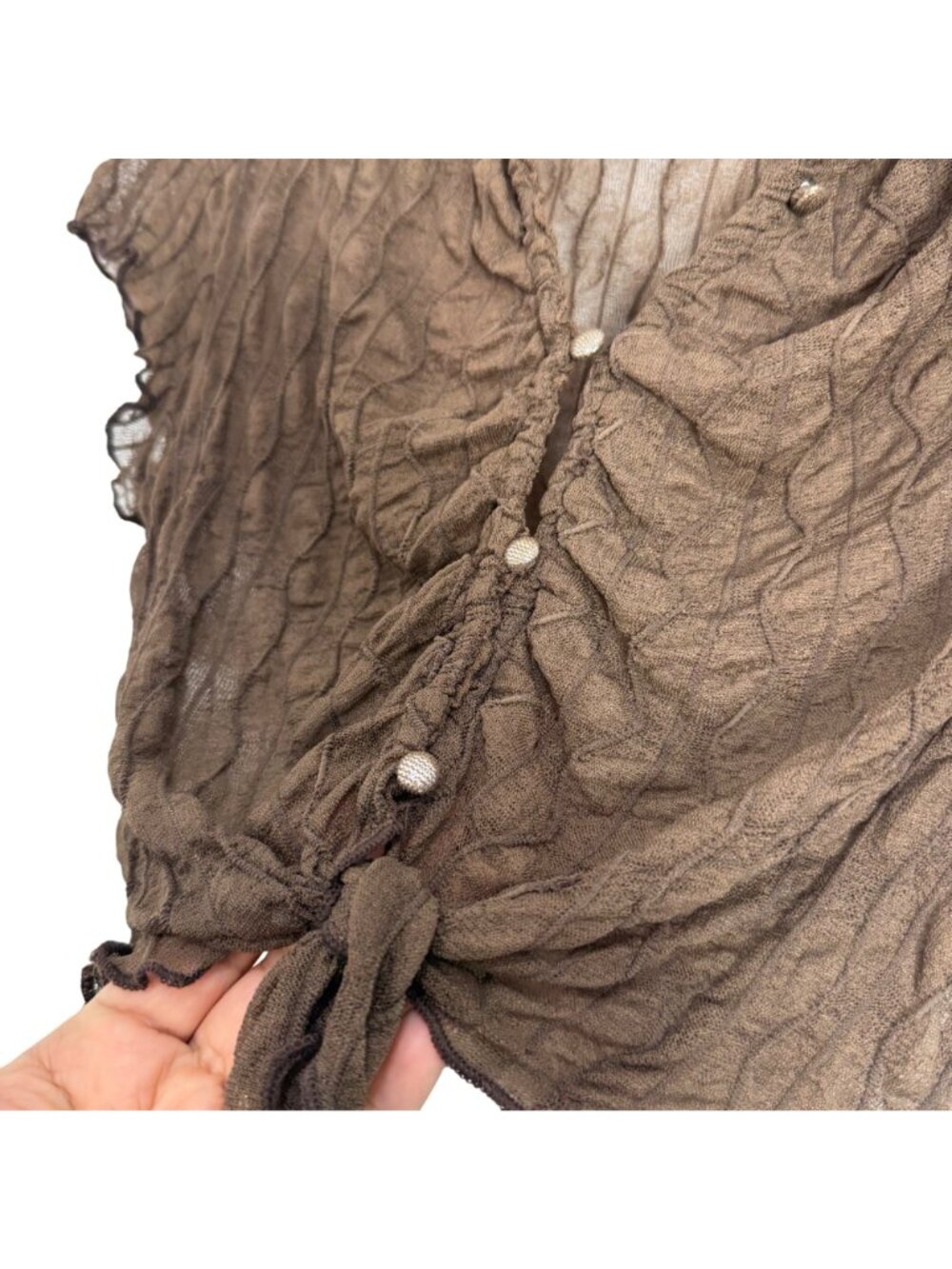 Cider Brown Sheer Ruched Button-Up Tie Front Crop Top Size M - Picture 7 of 10